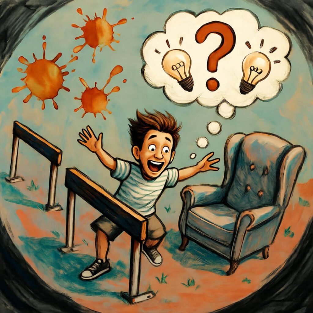 Self-deprecating stumble to success