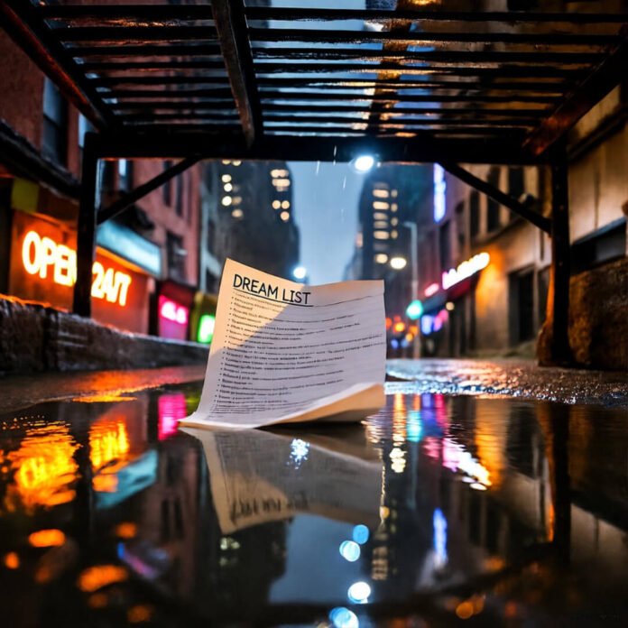 Rainy NYC fire escape puddle reflecting neon dream list.
