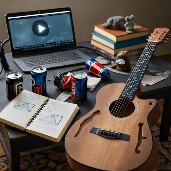 Half-built guitar, cluttered table, paused coding tutorial.
