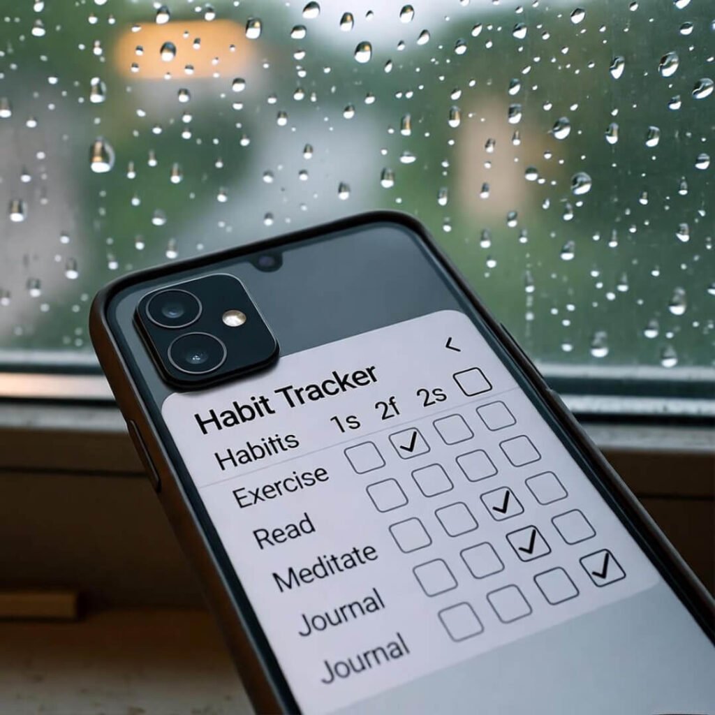 Failed habit tracker on rainy sill, candid snap.