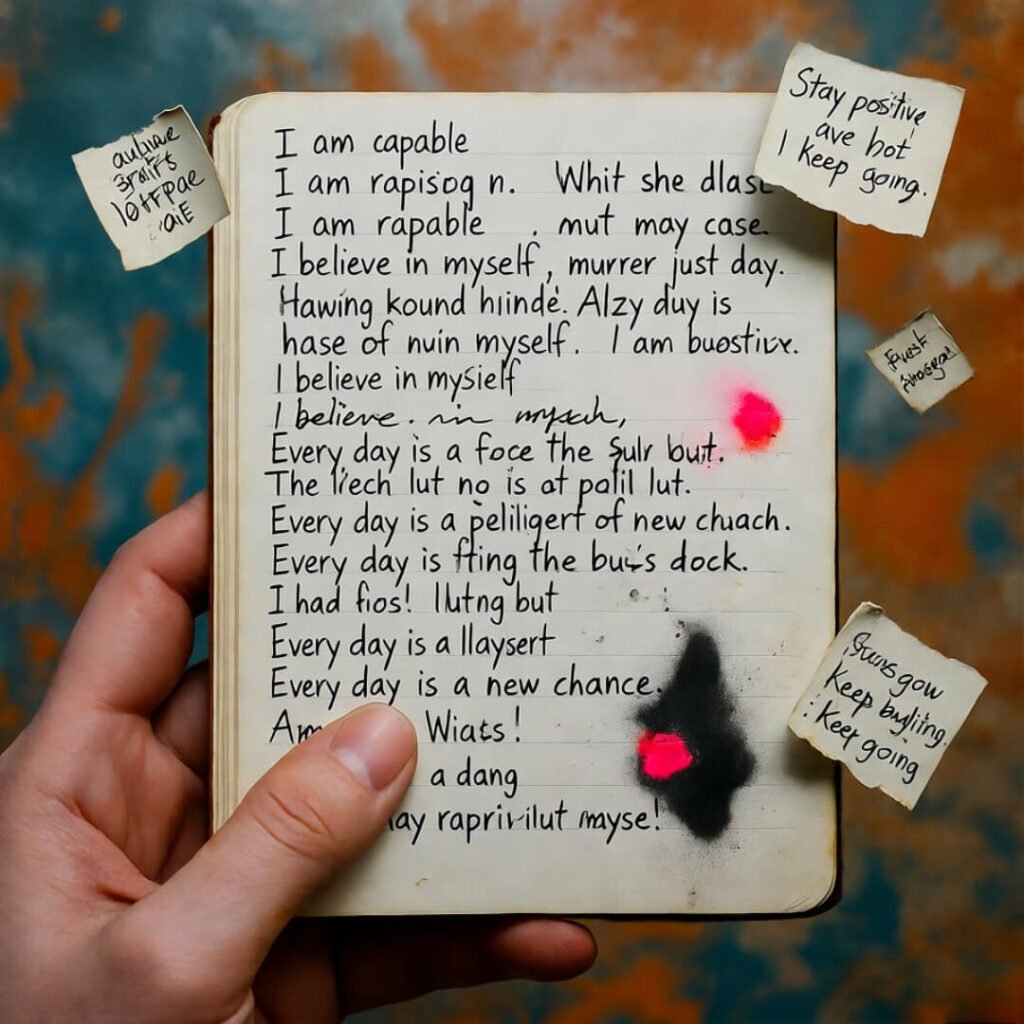 Ink-smudged affirmations notebook.