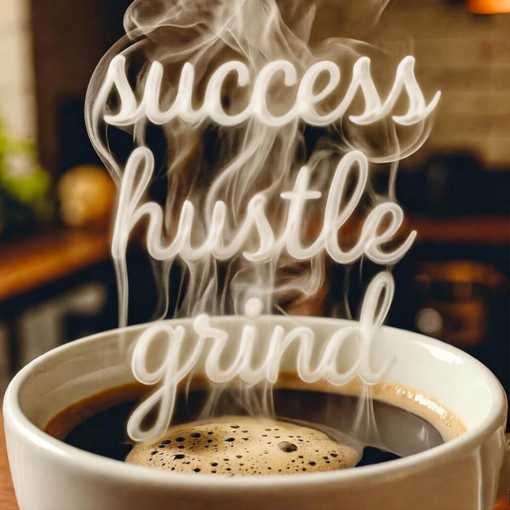 Coffee steam spells success hustle.