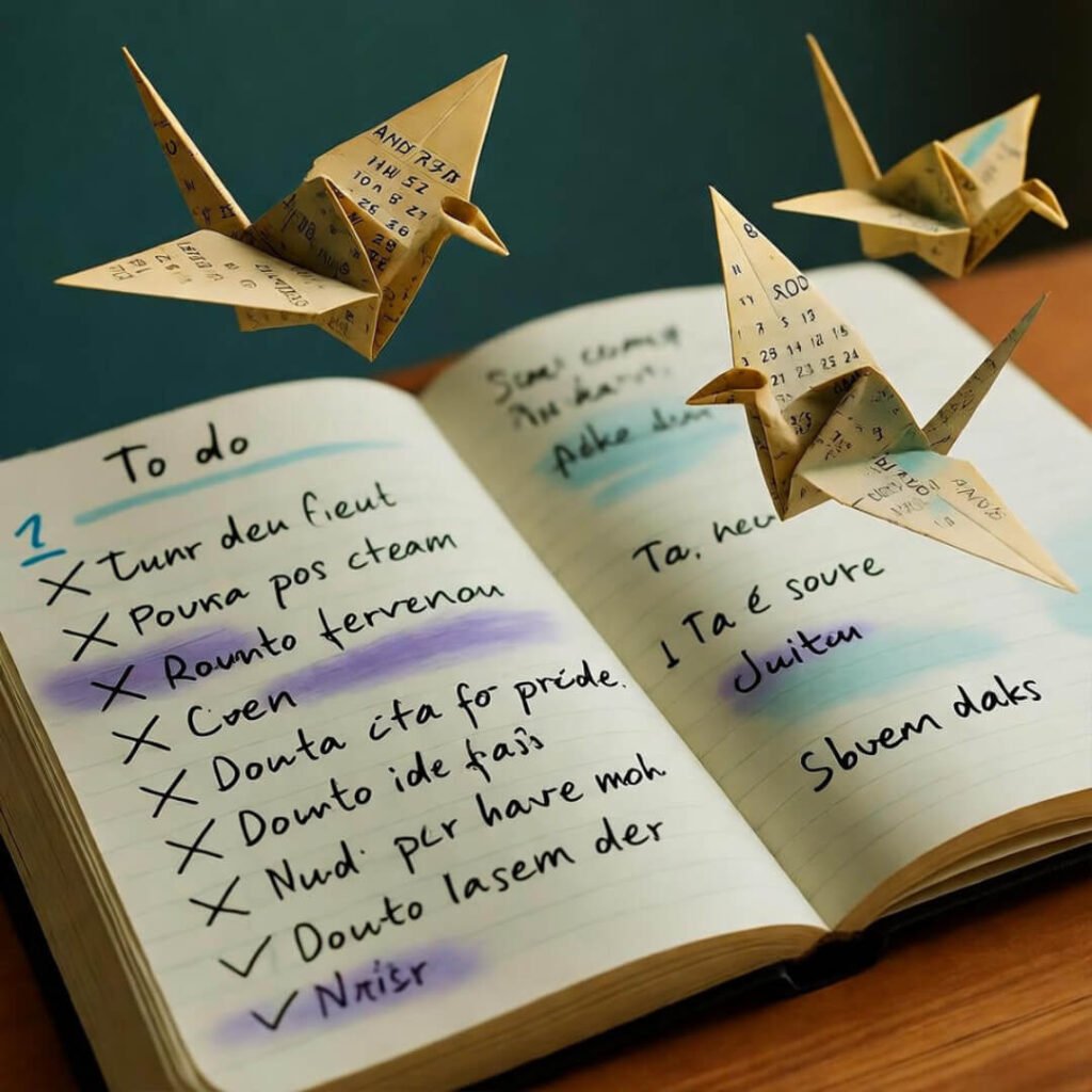 Messy notebook, crossed tasks, doodles.