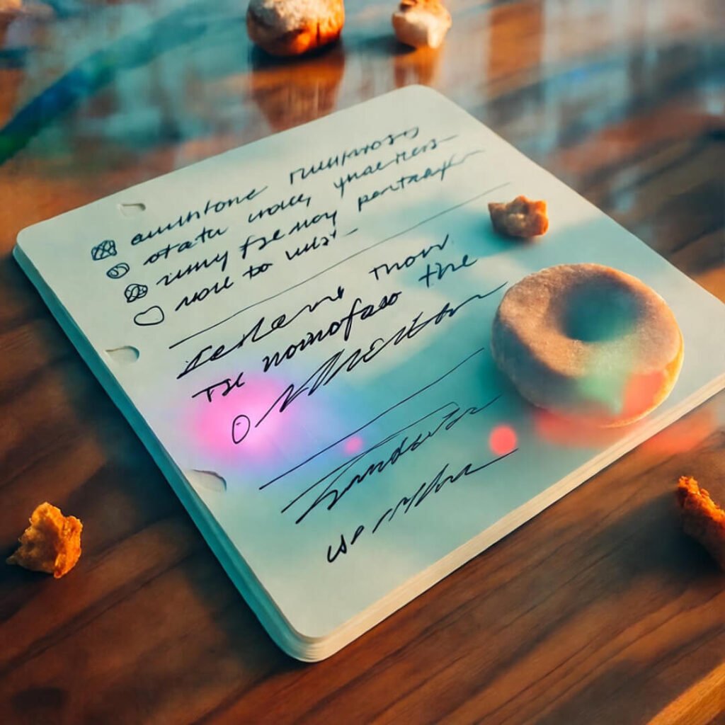 Tilted planner with donut crumbs.