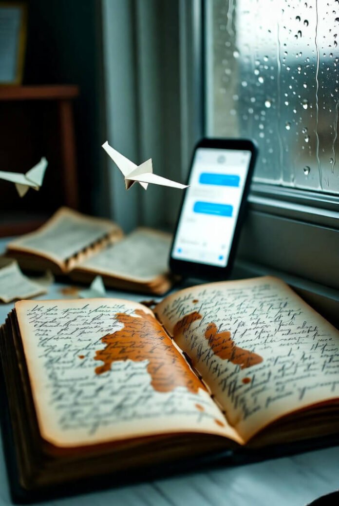 Vintage diary, coffee stains, phone on rainy sill.