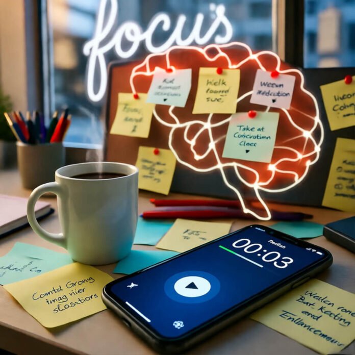 Spilled coffee, sticky-note brain, focus neon.