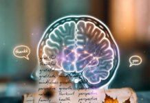 The Science of Gratitude: How Practicing Thankfulness Changes Your Brain Brain scan over stained journal with leaf.