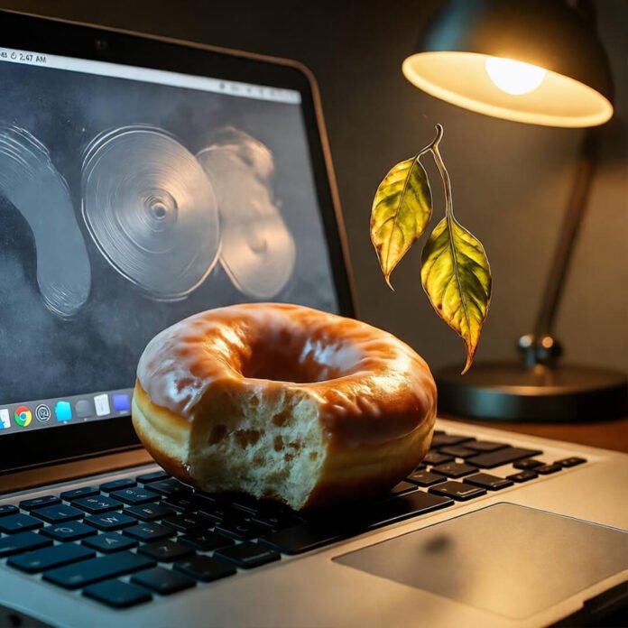 Donut on laptop at 2:47 AM chaos.