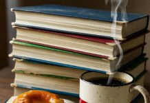 Top 7 Self-Improvement Books That Will Change Your Life Dog-eared books, coffee mug, donut, blurred VHS glitch.
