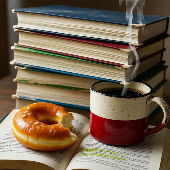 Dog-eared books, coffee mug, donut, blurred VHS glitch.