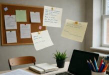How to Use Active Learning Strategies to Boost Your Knowledge and Skills Chaotic desk with floating flashcards and coffee stains.
