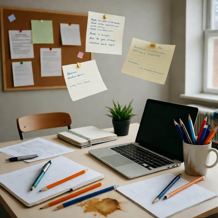 Chaotic desk with floating flashcards and coffee stains.