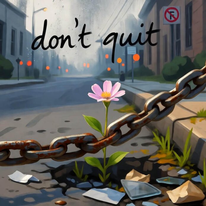 Rusty bike chain, wildflower, foggy "don't quit" note, impressionistic. Rusty bike chain, wildflower, foggy "don't quit" note, impressionistic.