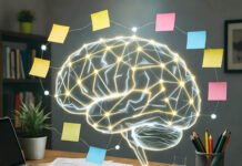 Unlock Your Full Potential: The Learning Strategies You Need to Know Sweaty desk with glowing brain sticky notes.