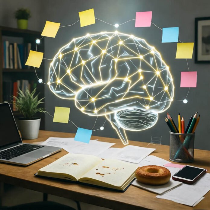 Sweaty desk with glowing brain sticky notes. Sweaty desk with glowing brain sticky notes.
