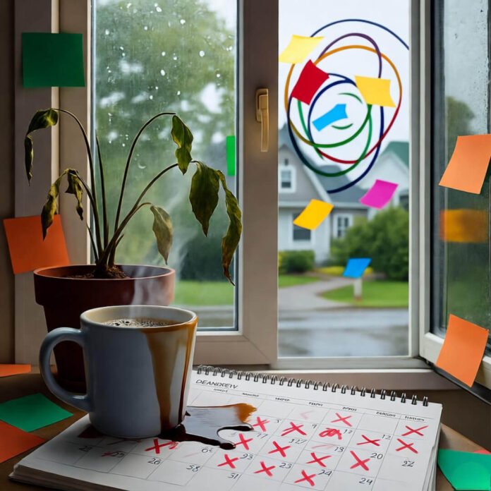 Spilled coffee chaos desk.