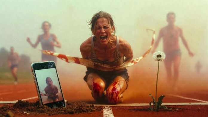 Muddy runner ugly-cries breaking finish tape