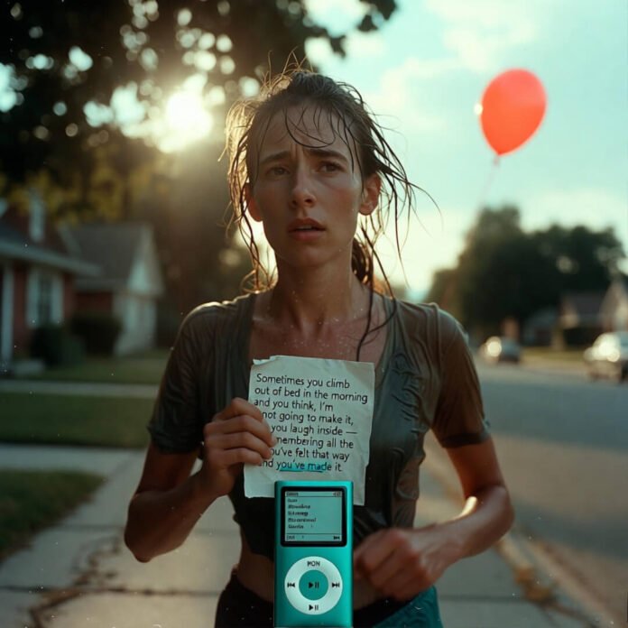 Sweaty runner with quote note and red balloon