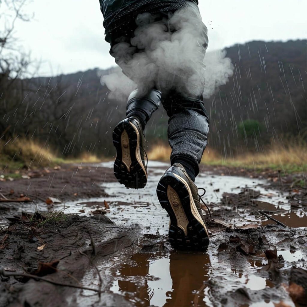 Muddy shoes mid-stride in sideways rain, breath fog, forward