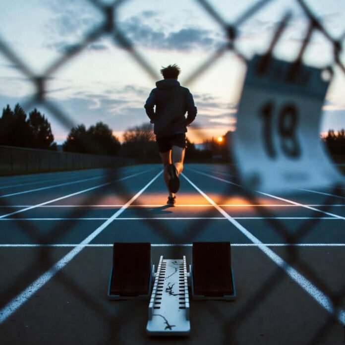 Lone runner at dawn on rainy track. Lone runner at dawn on rainy track.