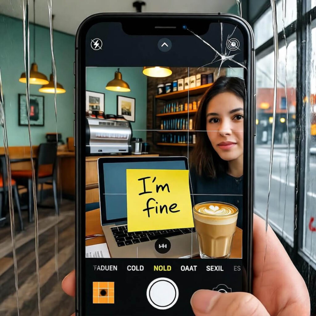 Cracked phone selfie: "I'm fine" note, latte.