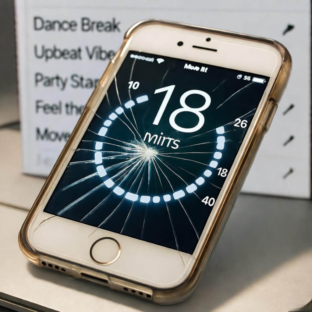 Cracked phone, 18-min timer, dance playlist.