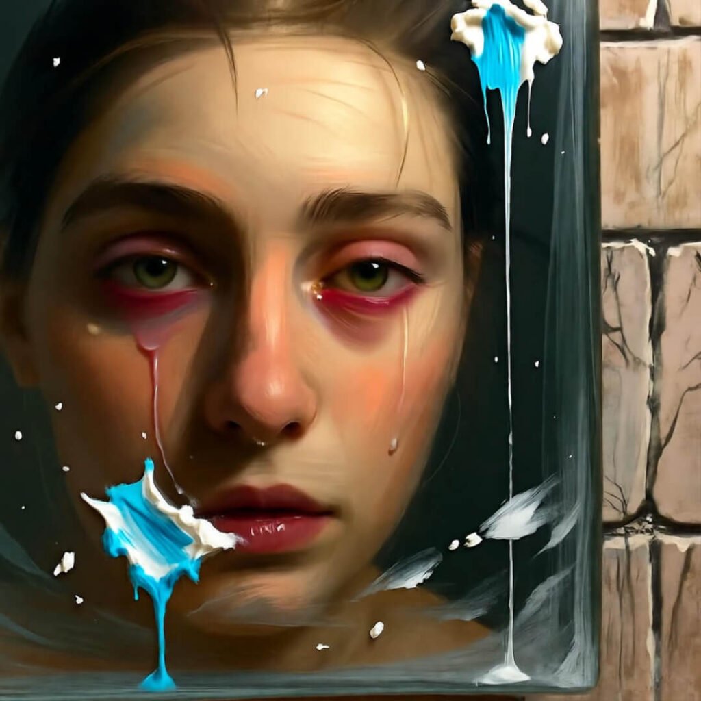 Blurry, red-eyed selfie in foggy, splattered bathroom mirror.