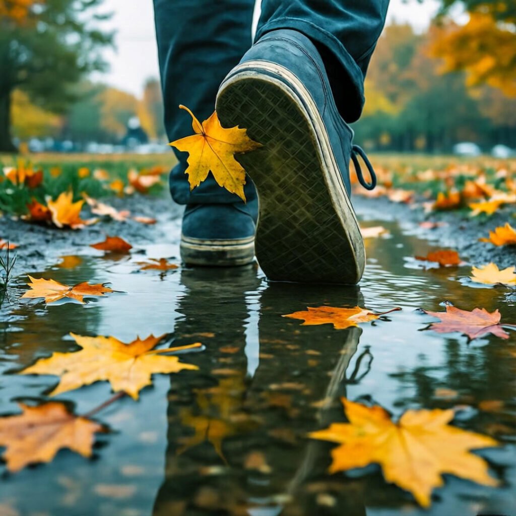 Scuffed sneakers splashing autumn puddles.