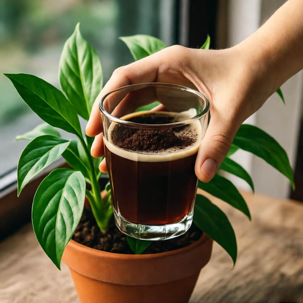 Hand pours cold brew into plant.