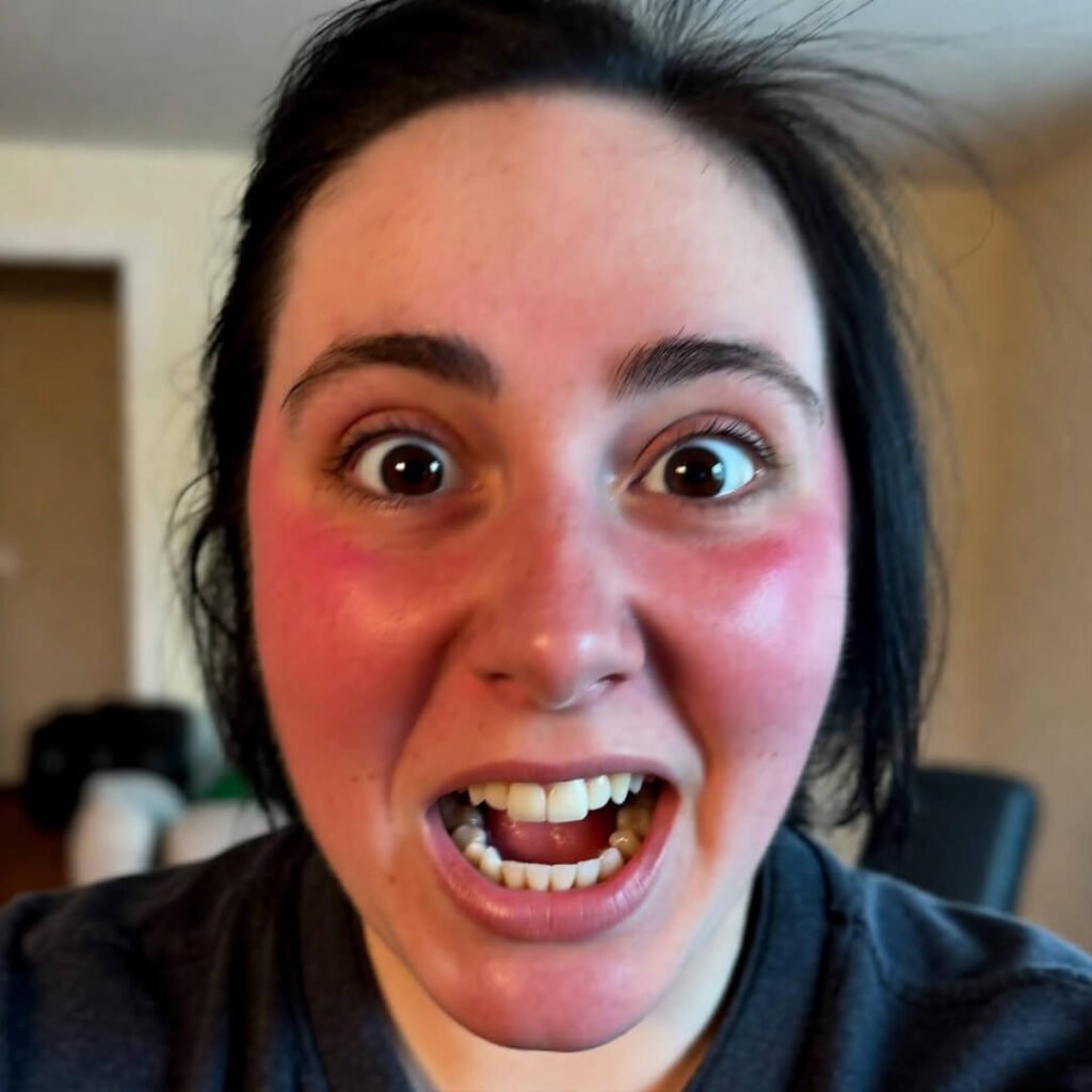 Red-faced selfie mid-workout collapse.