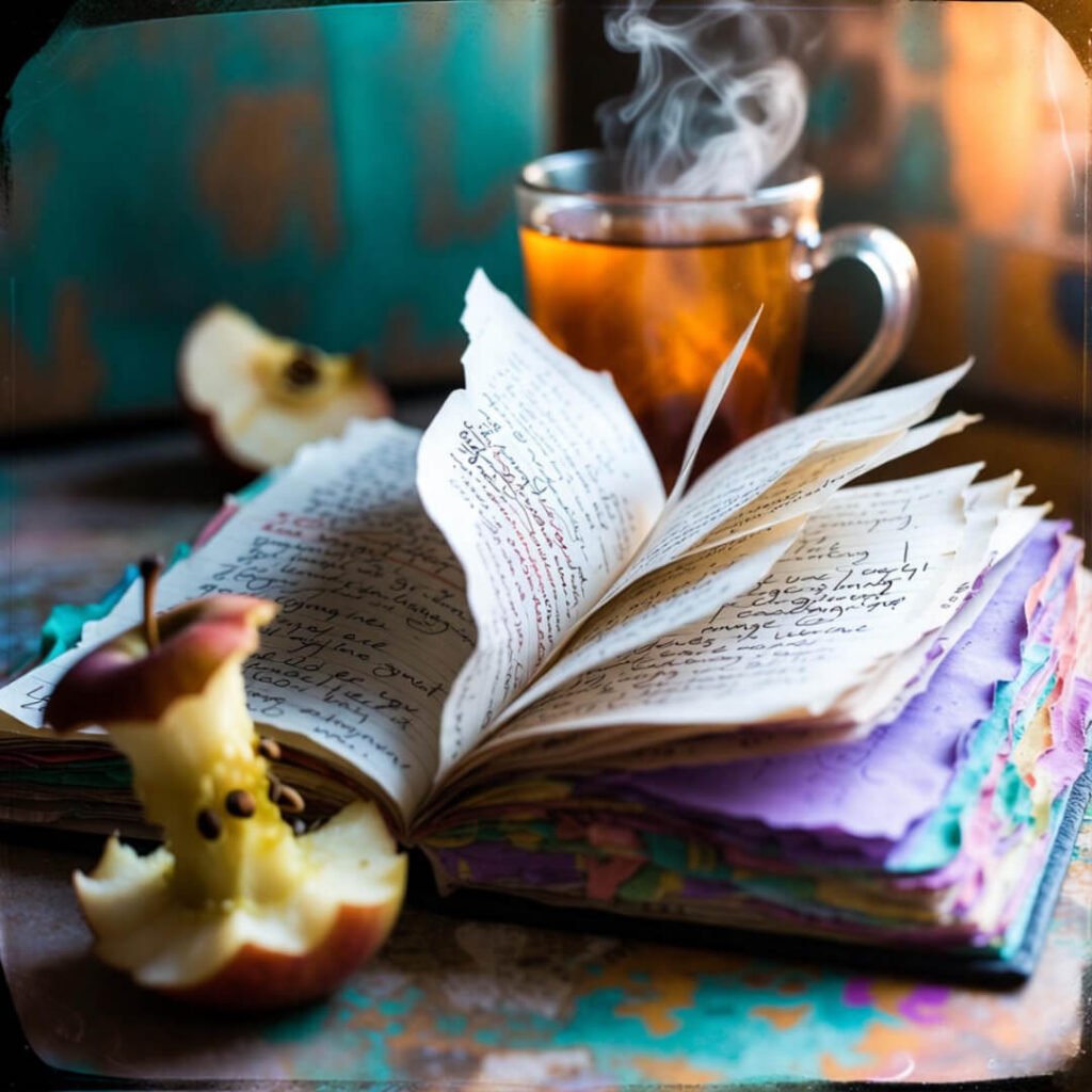 Steamy mug, bitten apple, crinkled journal.