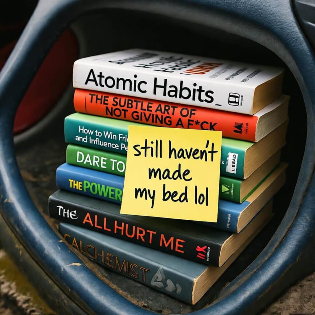 Polaroid books in Civic cupholder, sticky note humor.