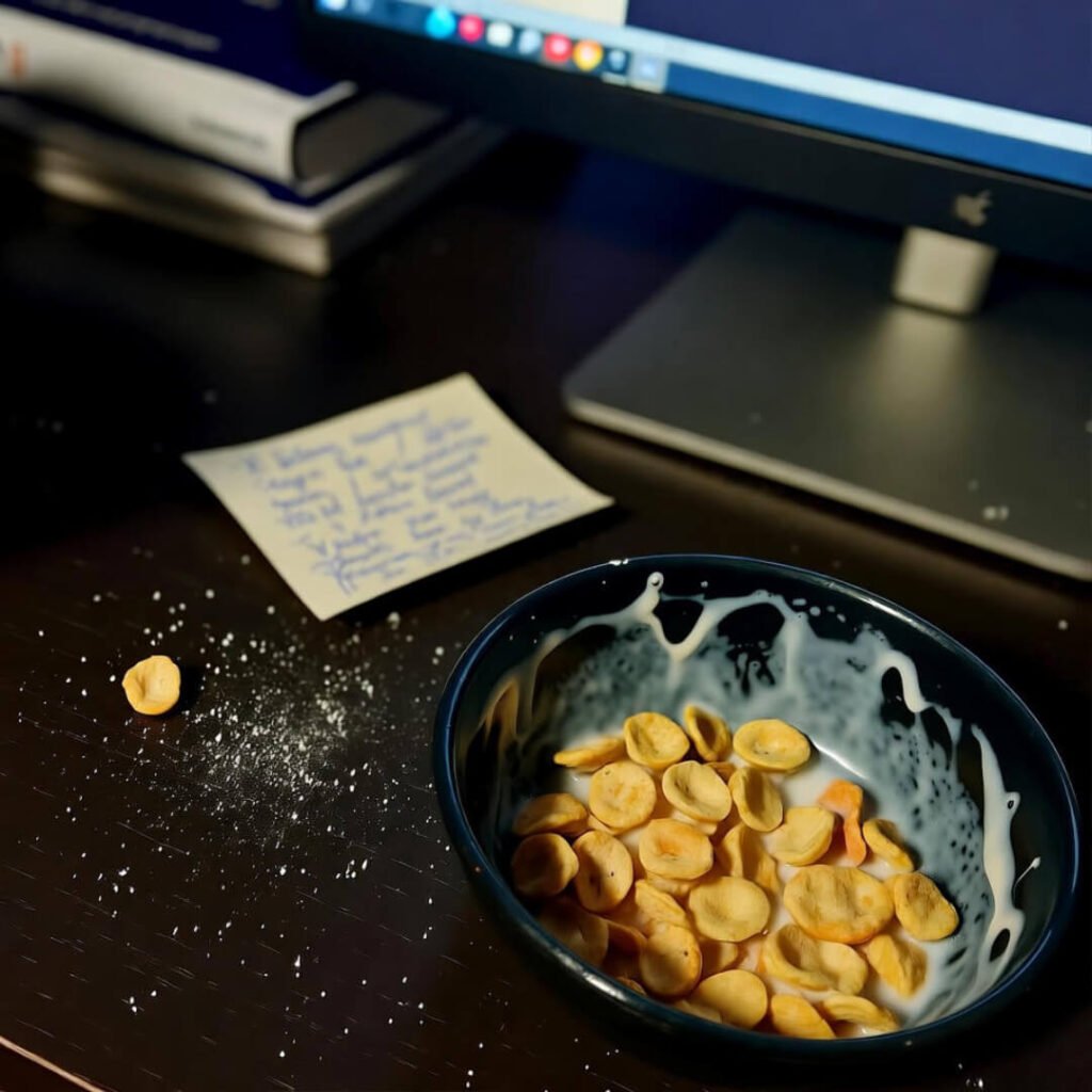 Soggy cereal, sticky note—2 a.m. doubt desk.