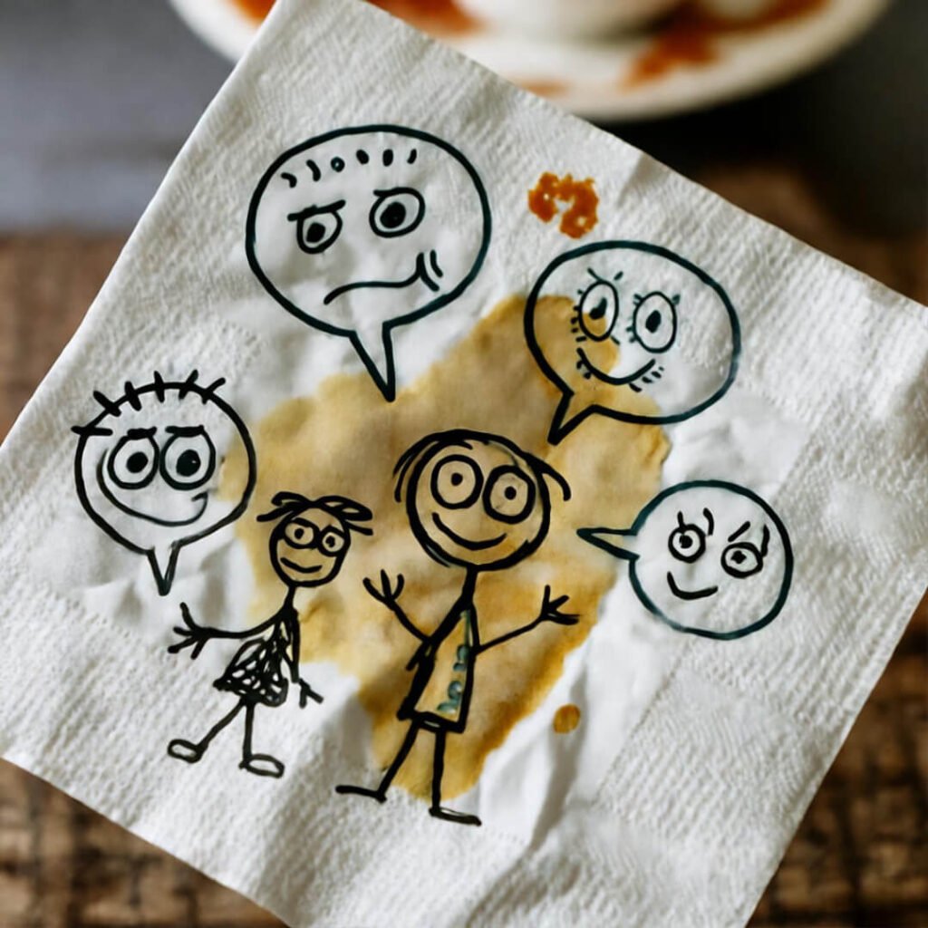 Crumpled napkin mind map with doodles and stains.