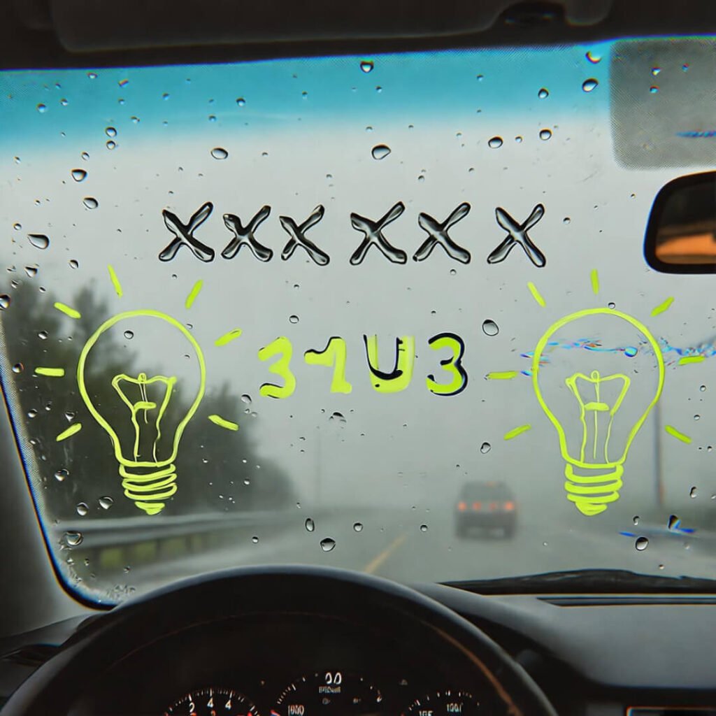 Rainy windshield with password raindrops and lightbulbs.