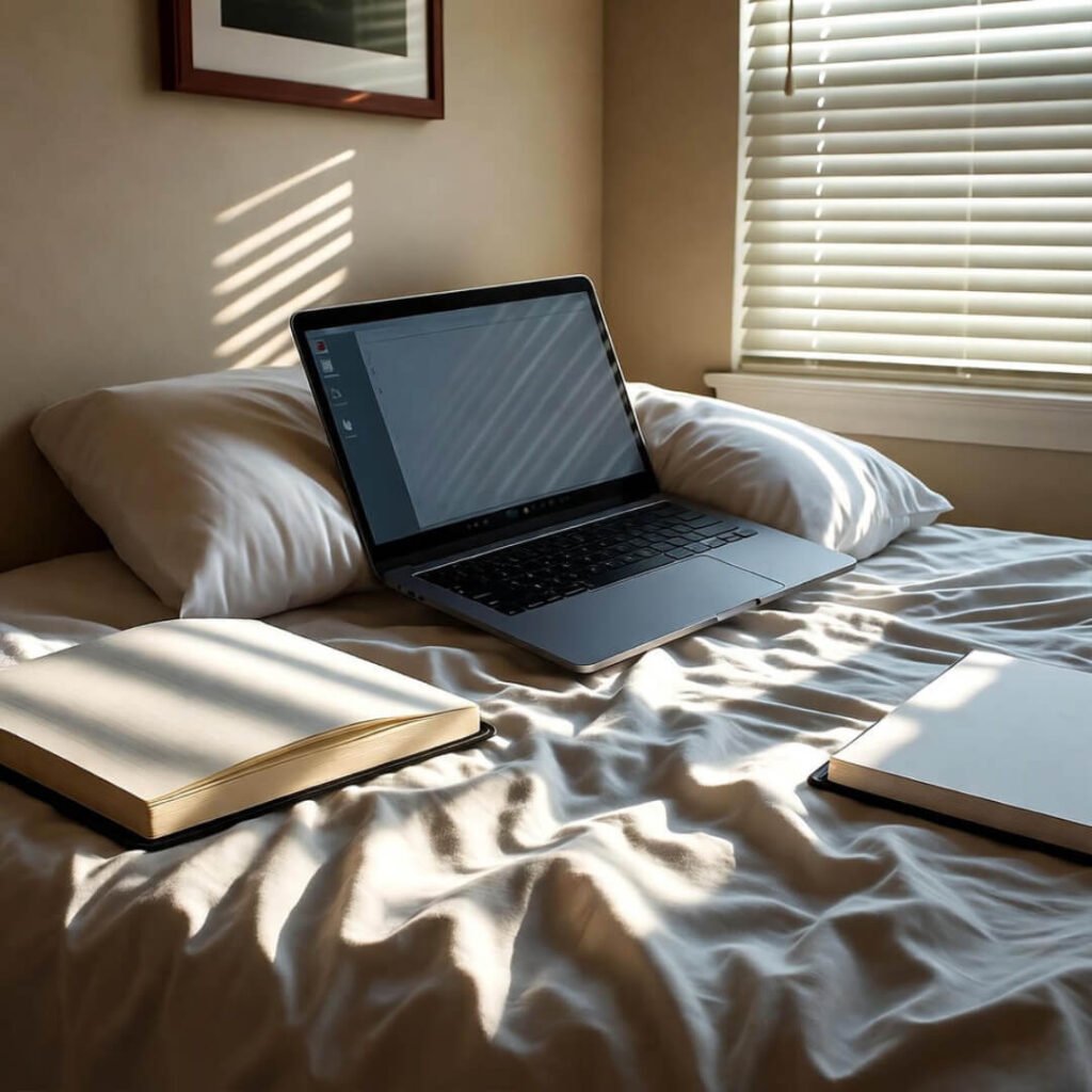 Laptop on messy bed.