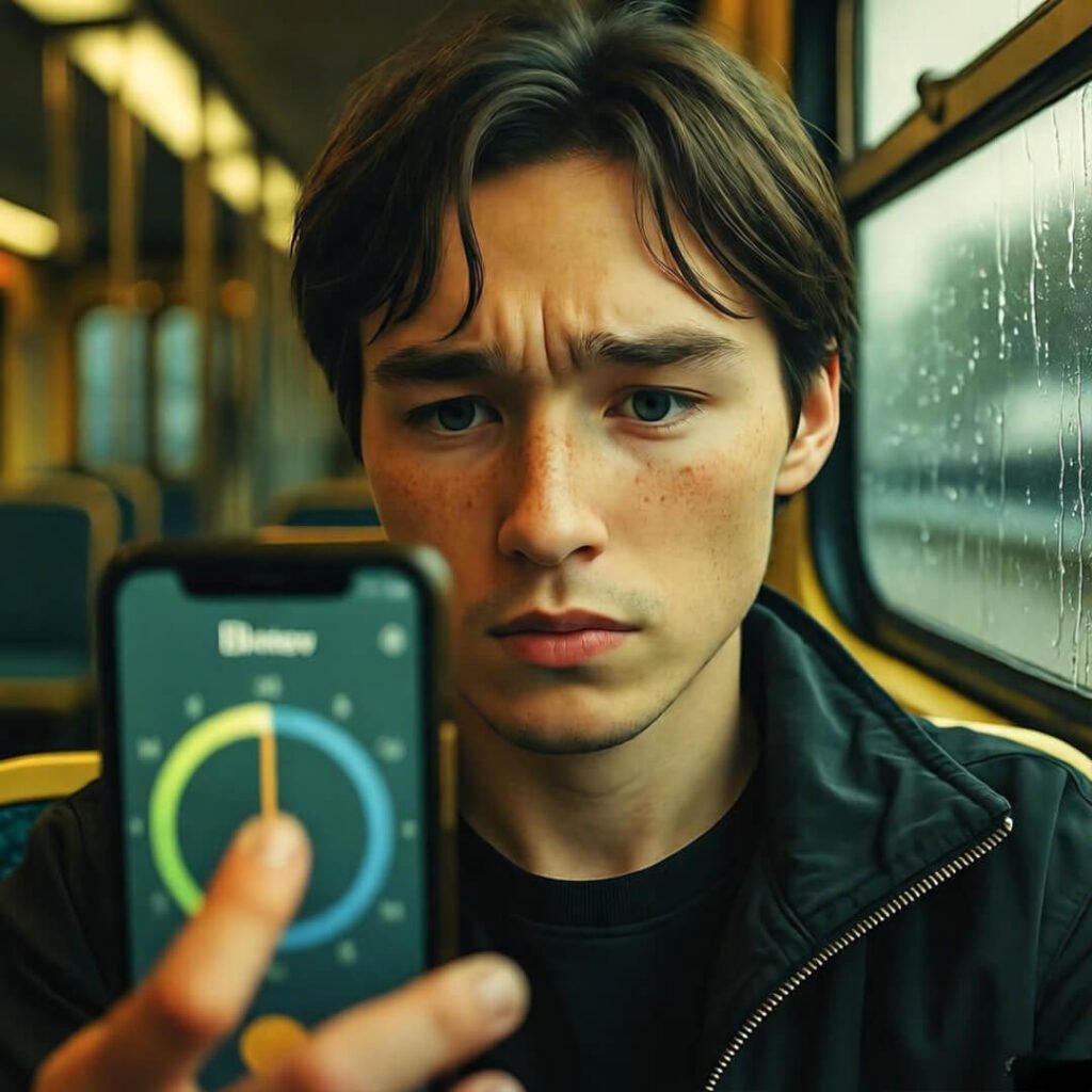 L train selfie: squinting at timer, rain outside.