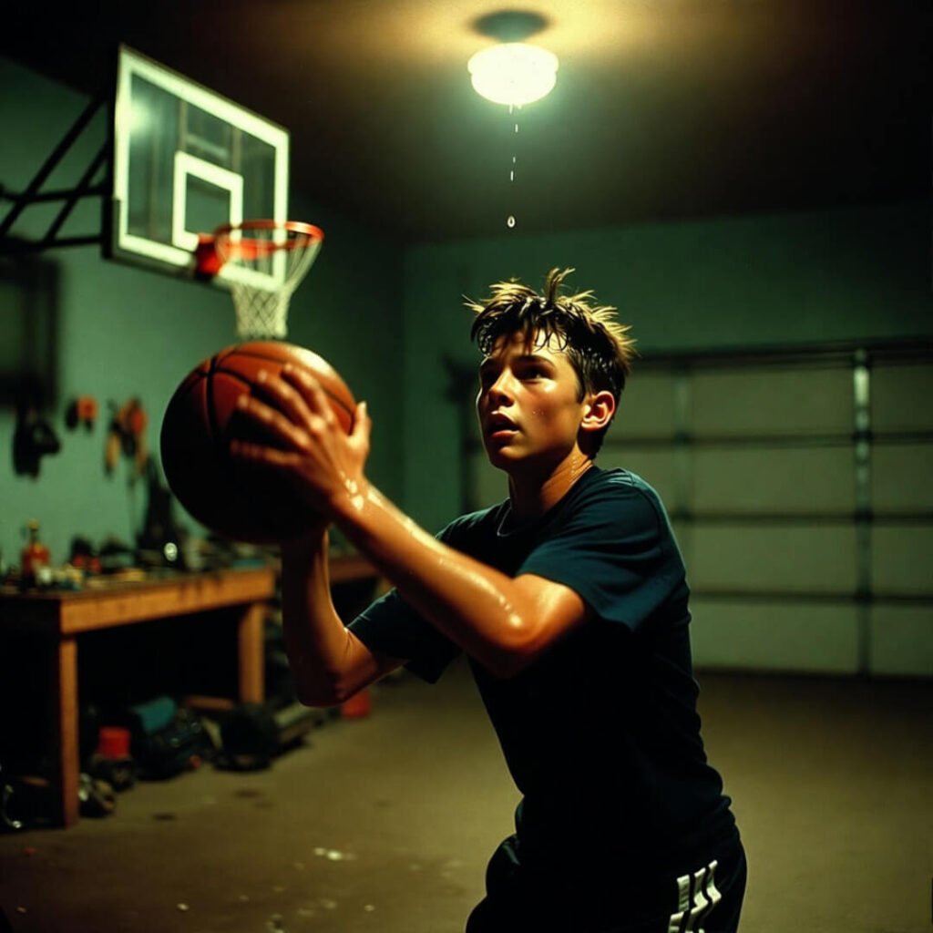 Teen shoots hoops in dark garage, sweat drop frozen