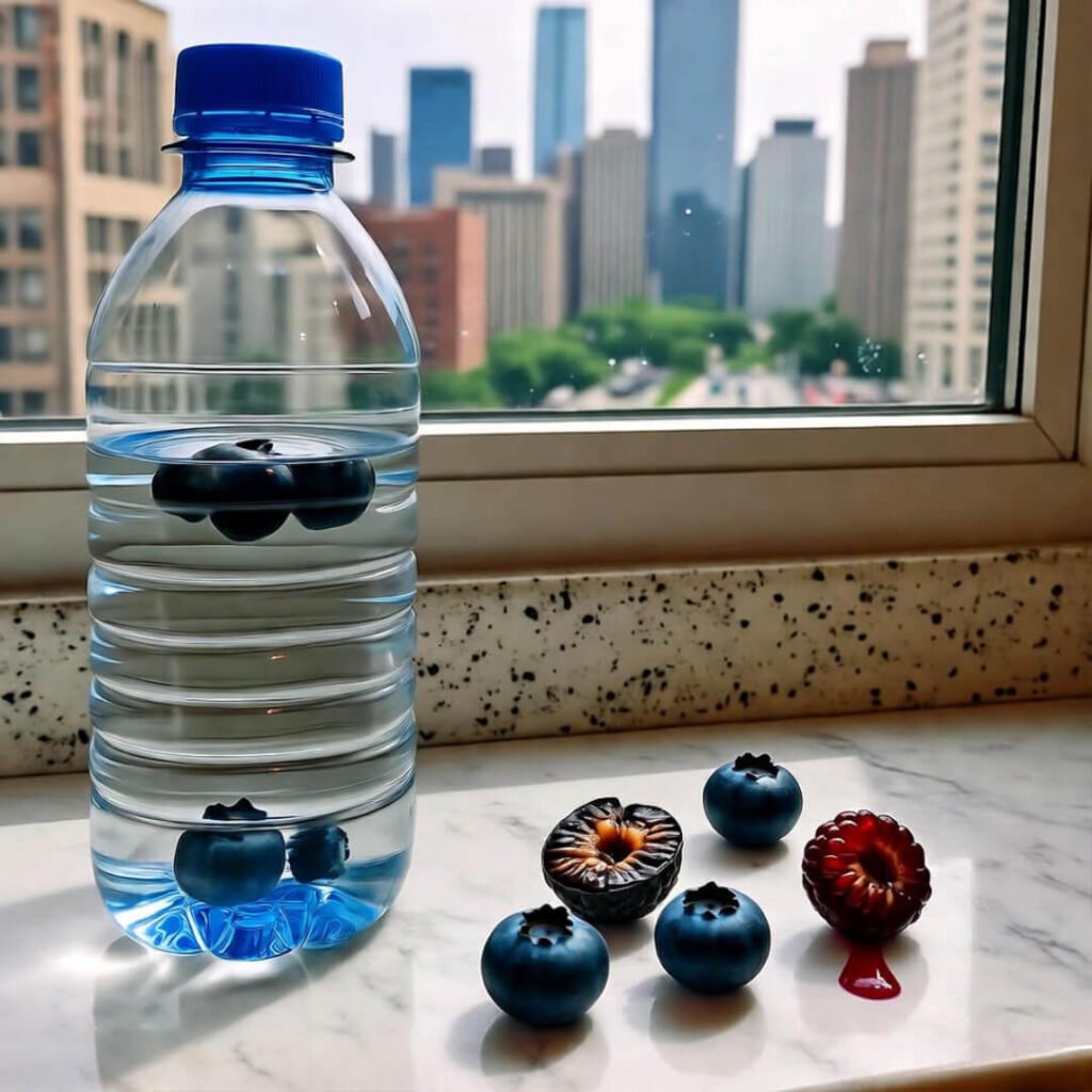 Water bottle, blueberries, juice drip, Chicago skyline.
