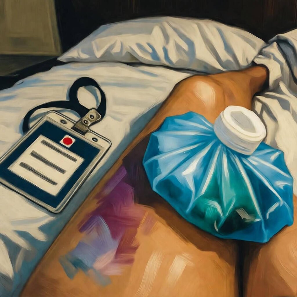 Tilted phone cam shot of swollen knee with ice pack.