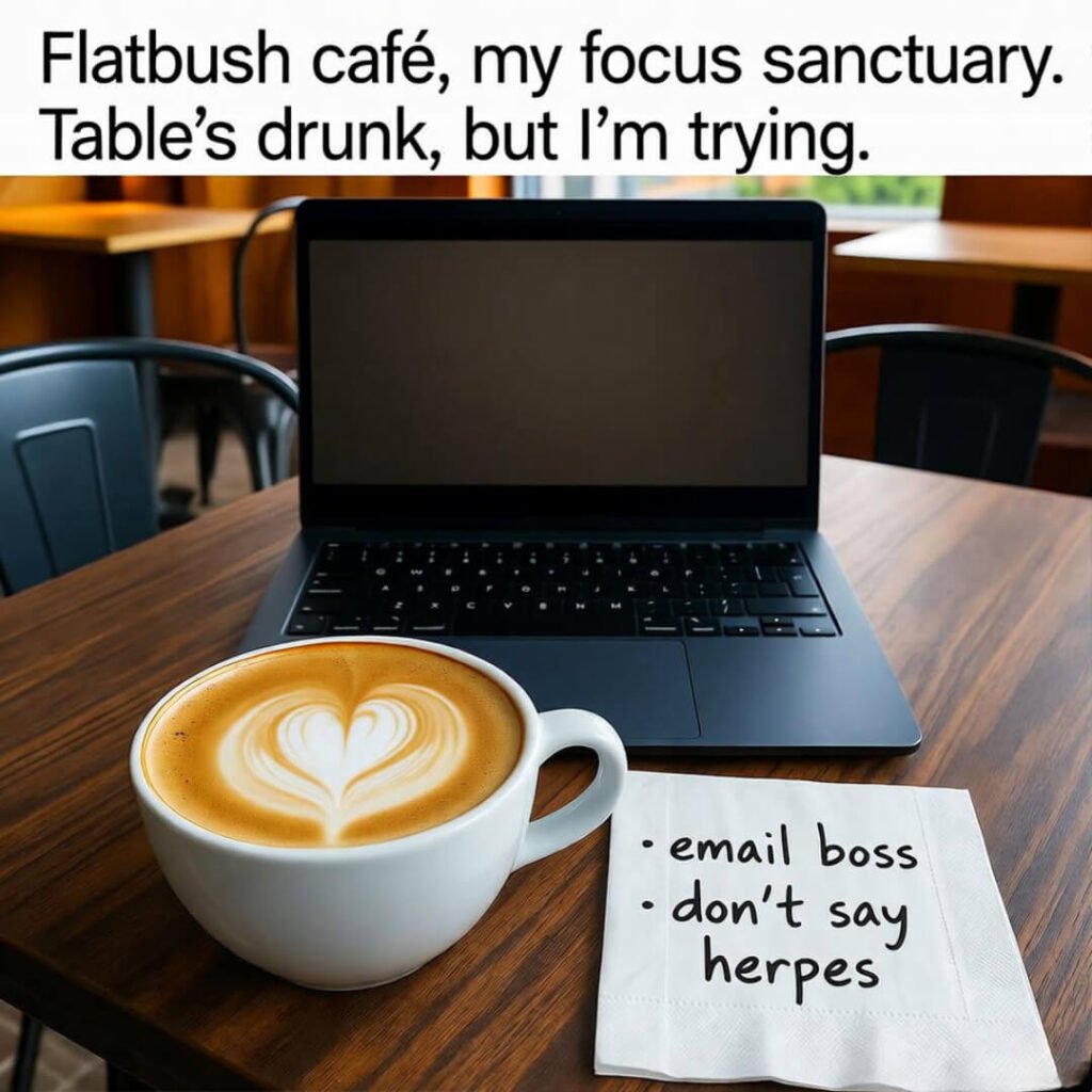 Wobbly café table: laptop, latte, herpes warning.