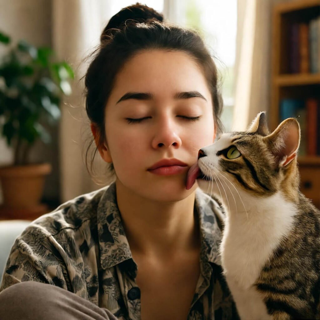 Selfie: meditating, eye open, cat licks face.