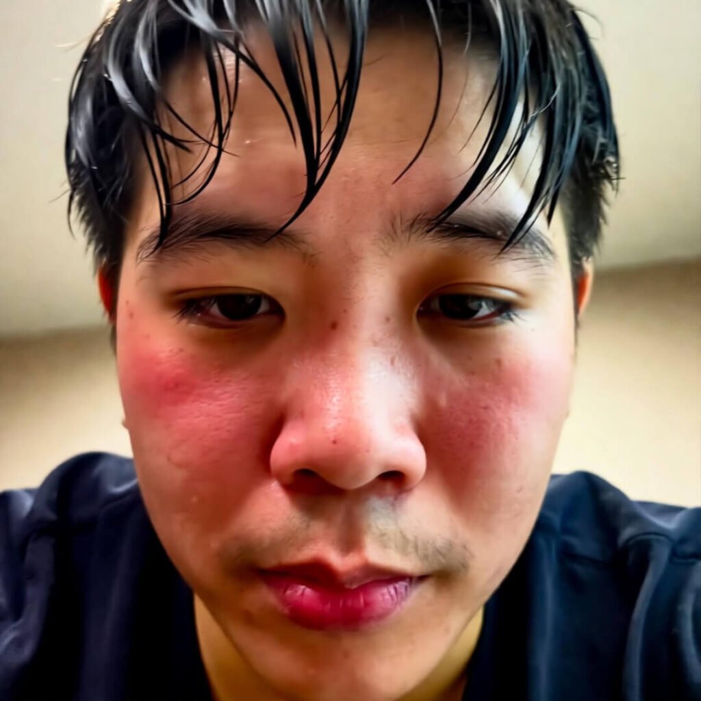 Flushed post-fail gym selfie gasp.