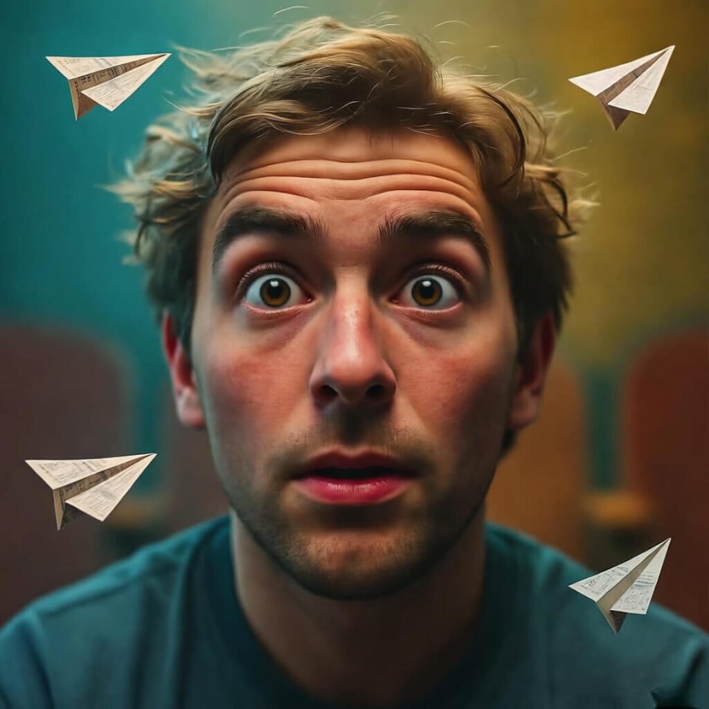 Terrified improv freeze under spotlight.