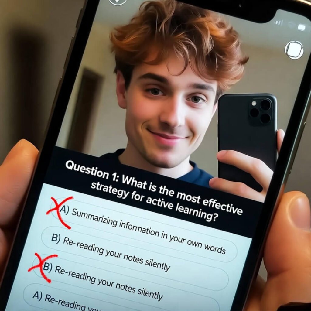 Tilted burnout meme over failed quiz selfie.