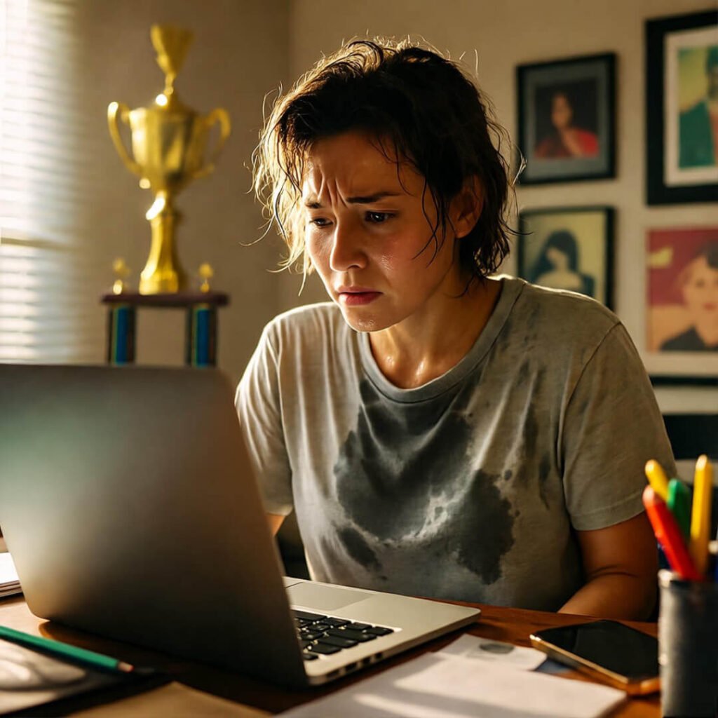 Sweaty person doubting at laptop with band photo.