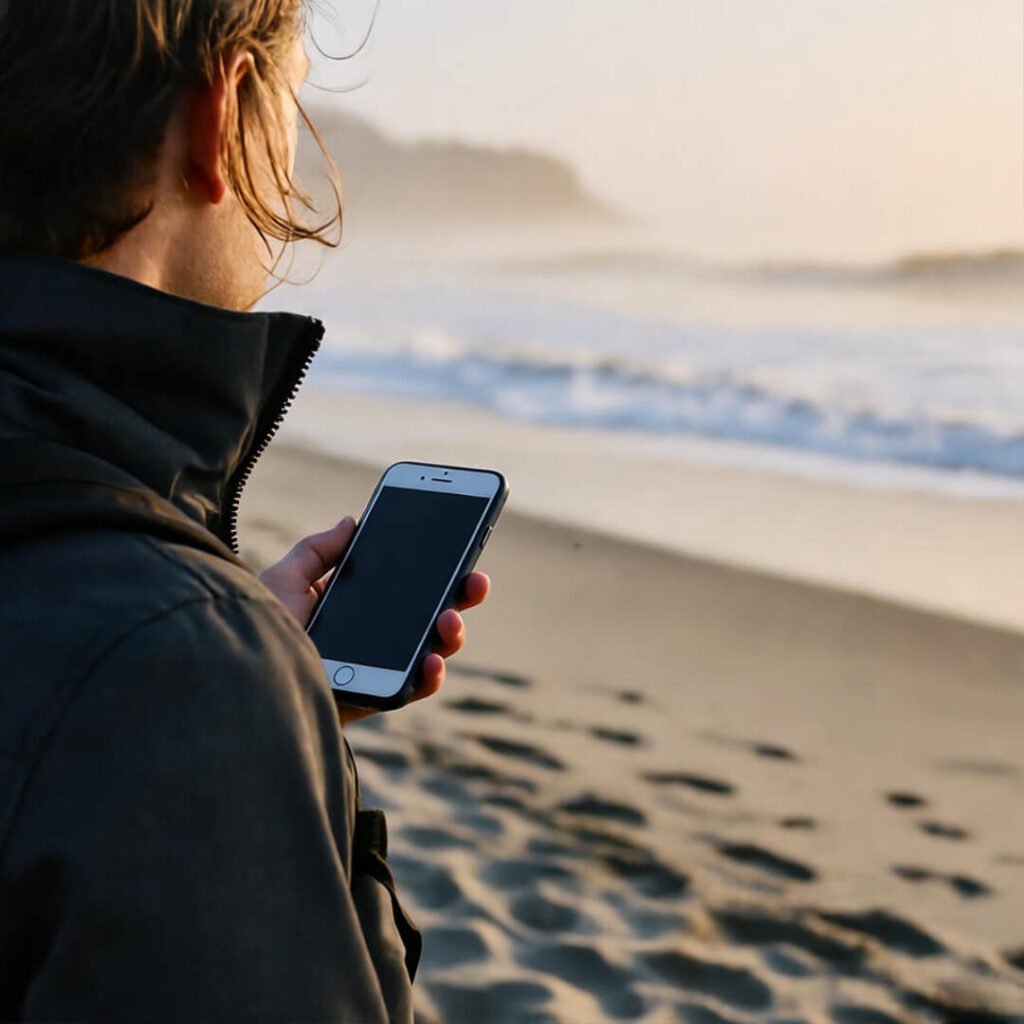 Phone off, foggy beach.