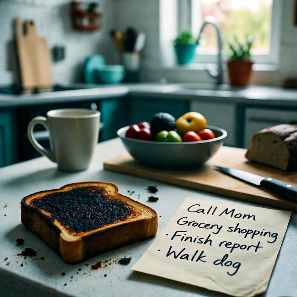 Kitchen fail: burnt toast, messy to-do list.