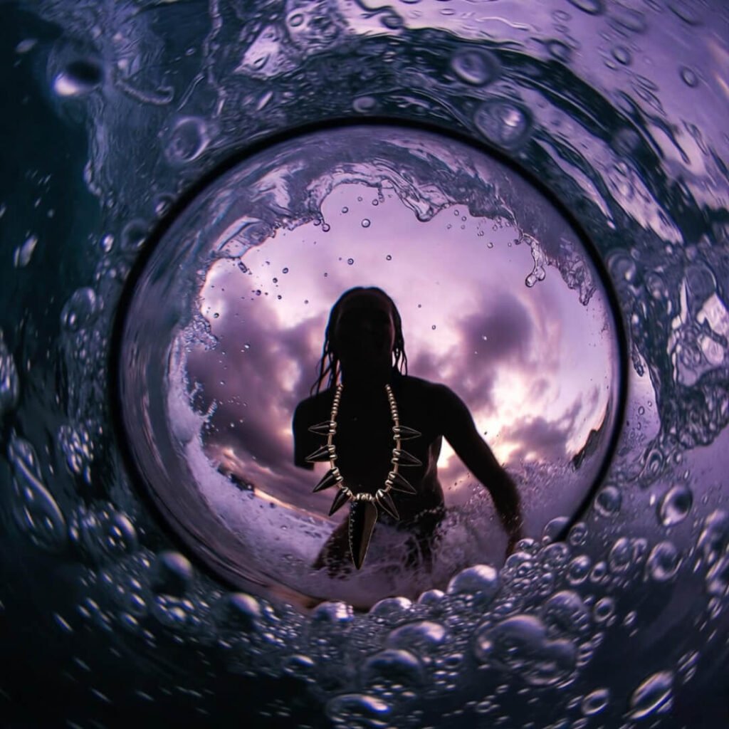 Surfer silhouette inside wave, one arm missing