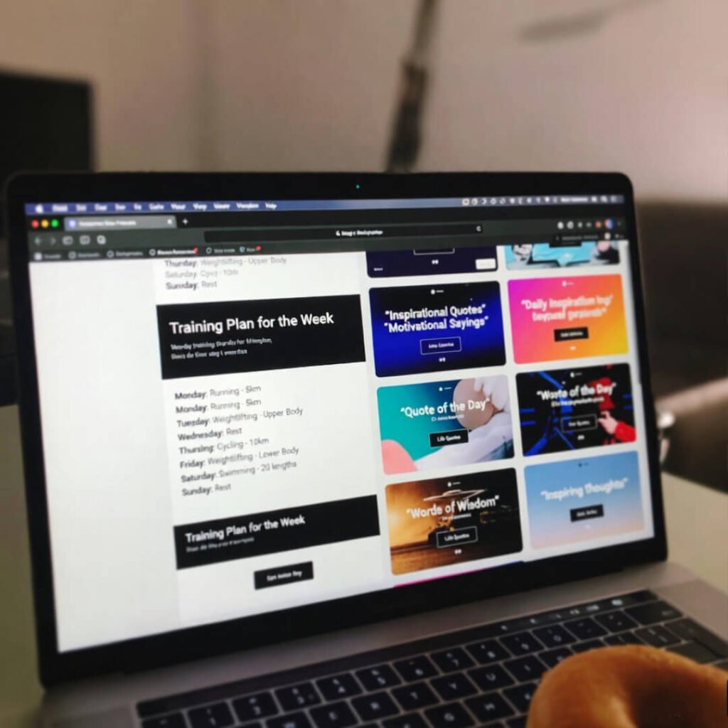 Blurry laptop training plan and half-eaten donut